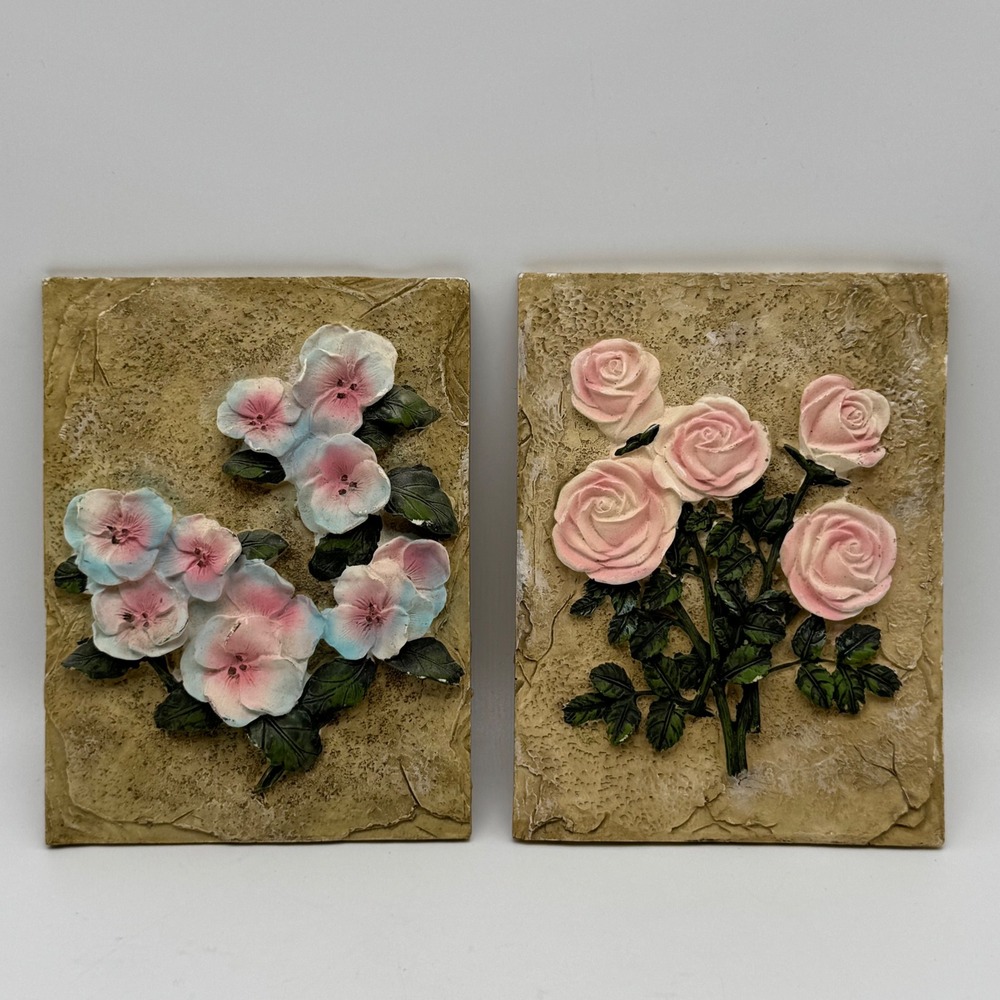 Vintage A Richesco 3D Resin Floral Wall Plaques Set Pink Roses Hibiscus 6x4.5